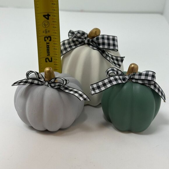 Farmhouse Pumpkin Trio White Gray Green Buffalo Check Ribbon Fall Decor Set - Picture 5 of 10